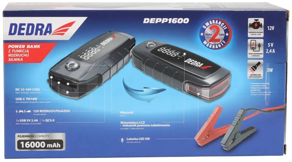Dedra Powerbank 16000 mAh nešiojama baterija su variklio užvedimo funkcija, LCD ekranu