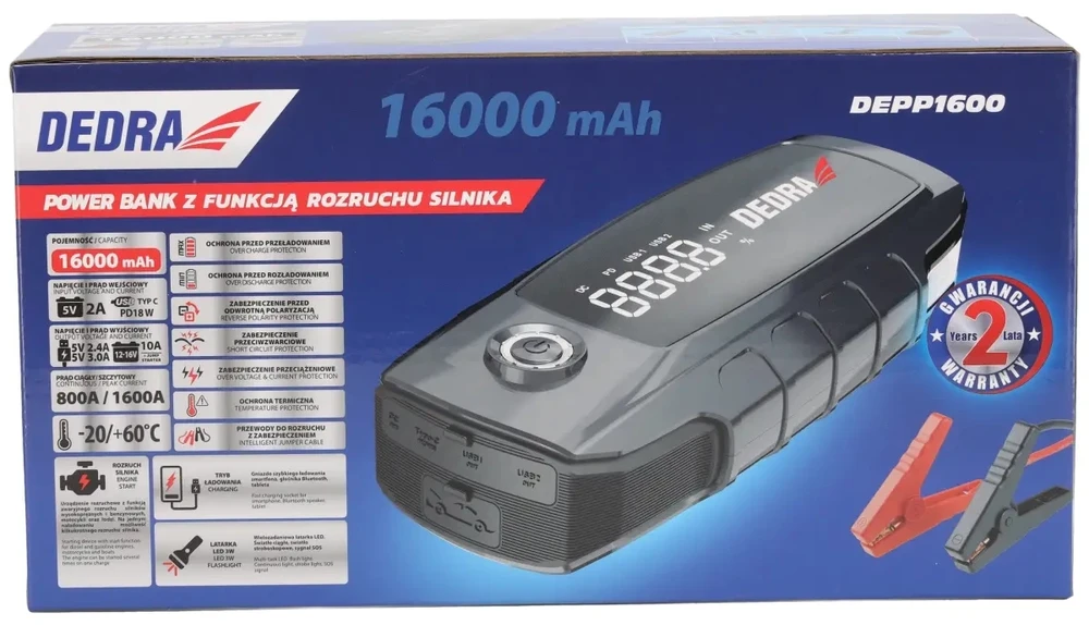 Dedra Powerbank 16000 mAh nešiojama baterija su variklio užvedimo funkcija, LCD ekranu