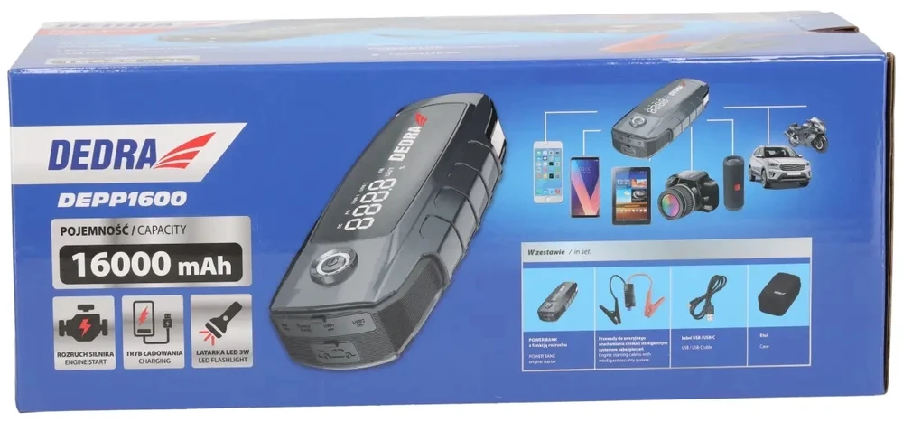 Dedra Powerbank 16000 mAh nešiojama baterija su variklio užvedimo funkcija, LCD ekranu