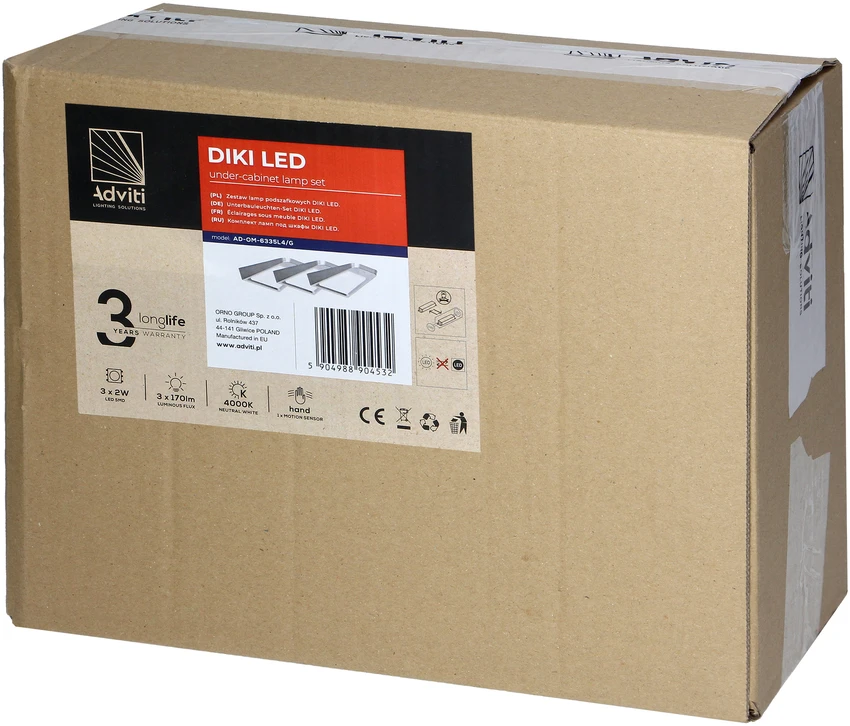 Orno DIKI 3 LED šviestuvų komplektas po spintele, 3x2W, 4000K, su bekontakčiu jungikliu, sidabrinės spalvos