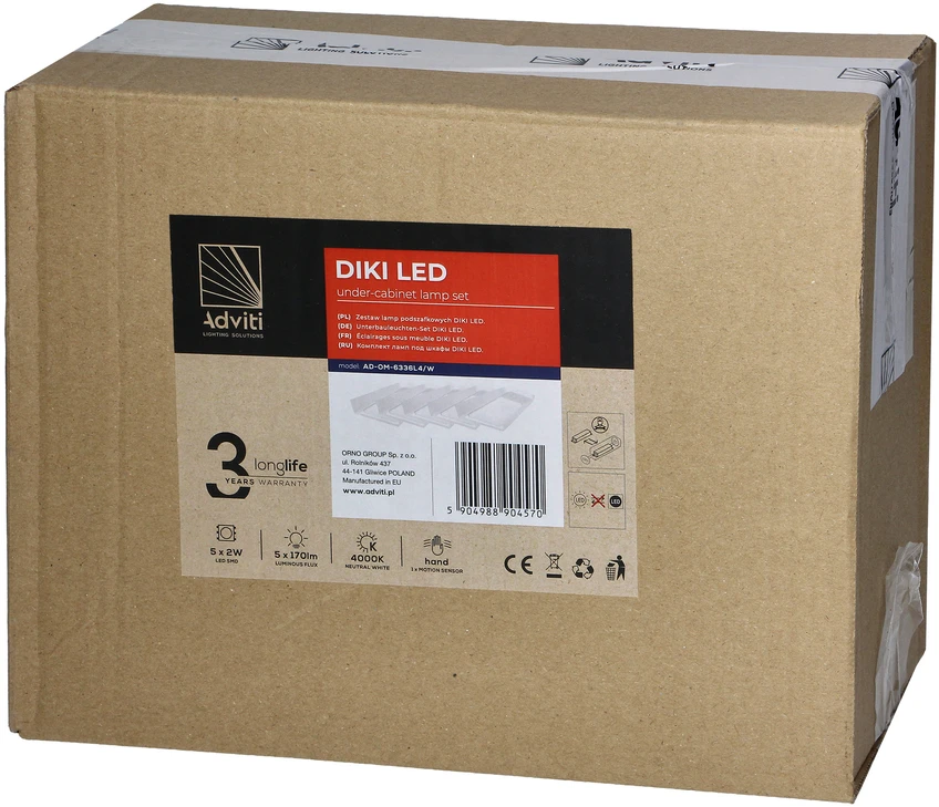 Orno DIKI 5 LED šviestuvų komplektas po spintele, 5x2W, 4000K, su bekontakčiu jungikliu, baltos spalvos