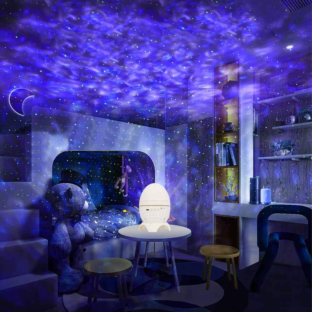 Dinozauro kiaušinio žvaigždės projektorius su galaktikos garsiakalbiu, USB LED naktine lempute