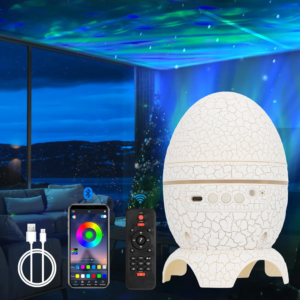 Dinozauro kiaušinio žvaigždės projektorius su galaktikos garsiakalbiu, USB LED naktine lempute