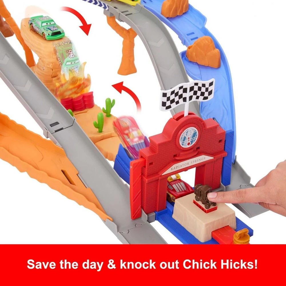 Mattel „Disney Cars“ – Radiator Springs lenktynių ir gelbėjimo gelbėjimo kelio lenktynių rinkinys su 4 žaisliniais automobiliais (JFL57)
