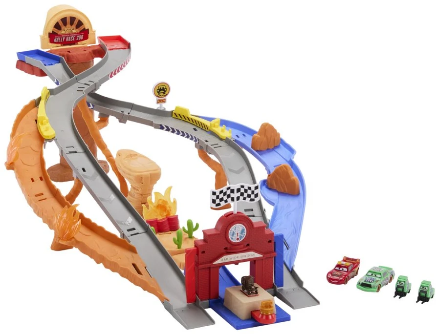 Mattel „Disney Cars“ – Radiator Springs lenktynių ir gelbėjimo gelbėjimo kelio lenktynių rinkinys su 4 žaisliniais automobiliais (JFL57)
