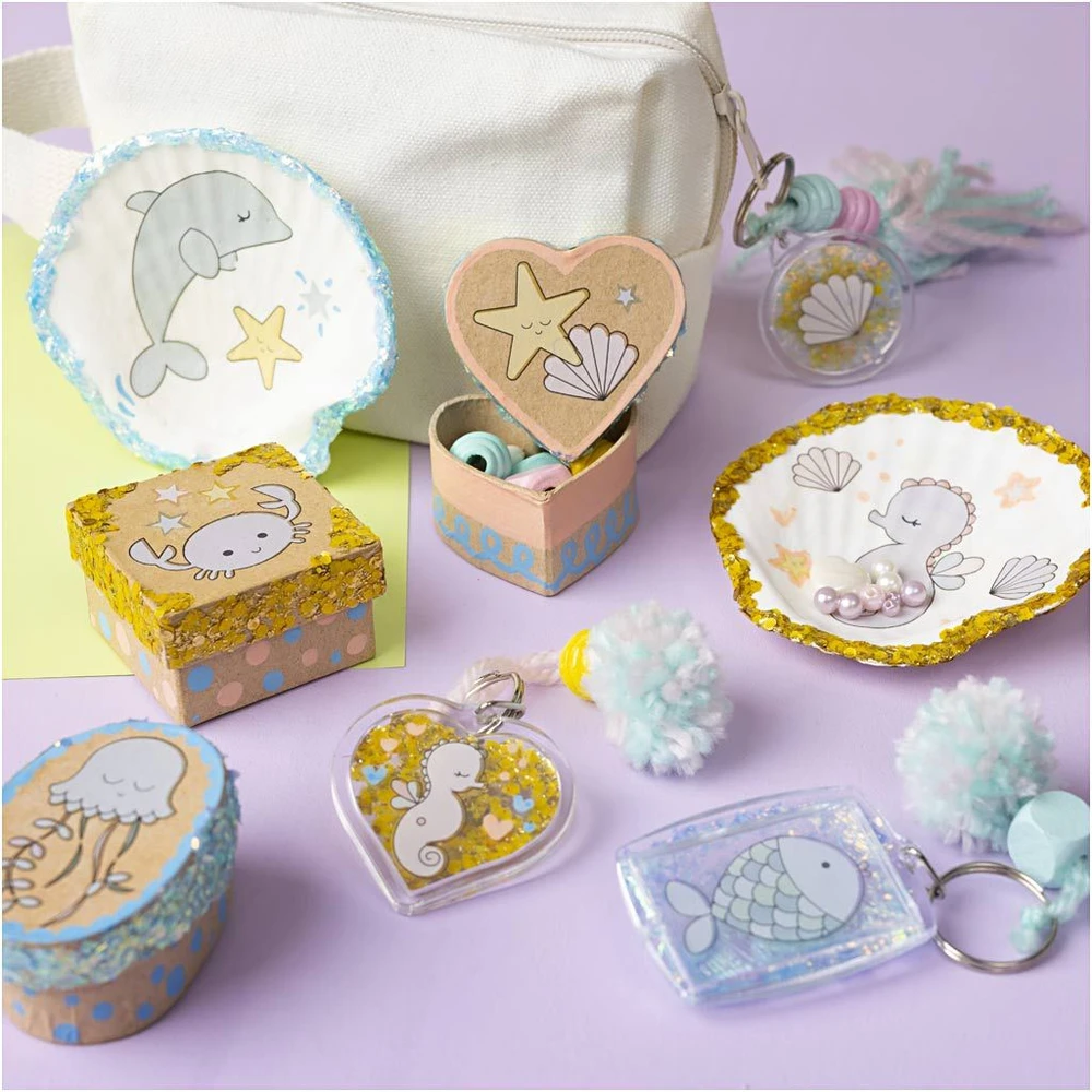 Diy Kit „Pasidaryk pats“ rinkinys – dėžutės – kriauklės – raktų pakabukai – pastelinės spalvos (977847)