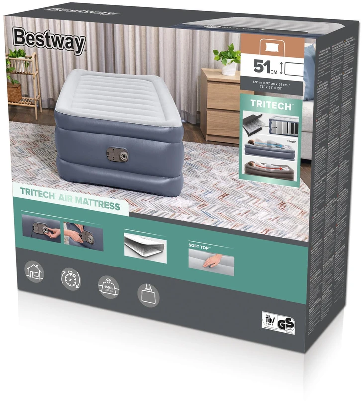 Vienvietis pripučiamas čiužinys su pompa Bestway 191x97x51 cm