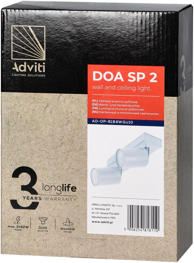 Sieninis šviestuvas Orno DOA SP 2, sieninis-lubinis šviestuvas, GU10, maks. 2x7W, IP20, baltas