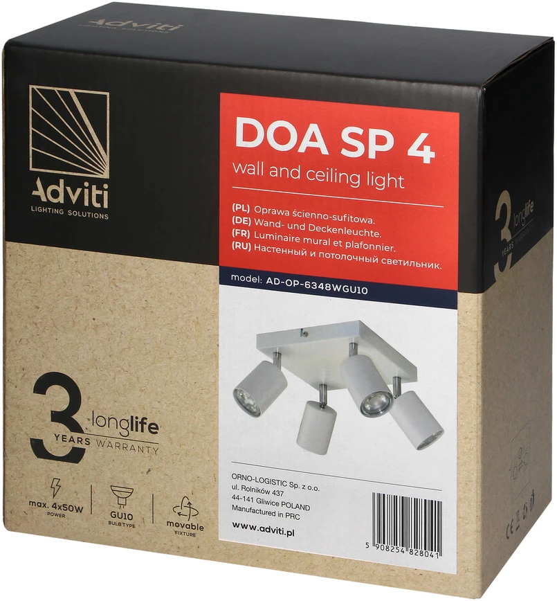 Orno DOA SP4, sieninis/lubinis šviestuvas, GU10, max. 4x50W, IP20, baltas, kvadratinis