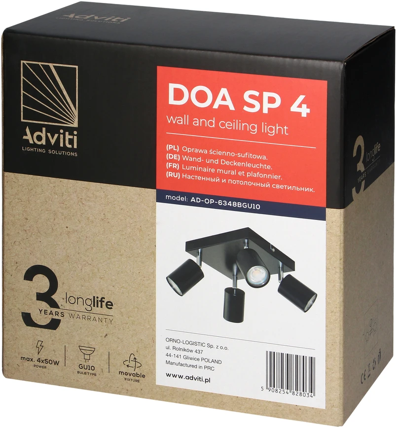 Orno DOA SP4, sieninis/lubinis šviestuvas, GU10, max. 4x50W, IP20, juodas, kvadratinis