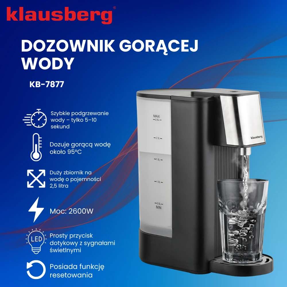Dozownik Karšto vandens dozatorius, juodas su sidabriniais nerūdijančio plieno elementais, 2,5 l, klausberg, kb-7877