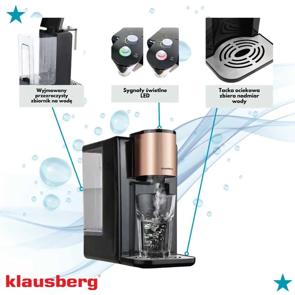Dozownik Karšto vandens dozatorius, temperatūros reguliavimas 45–100 °C, juodas su rožinio aukso spalvos, 2,2 l, Klausberg, kb-7879