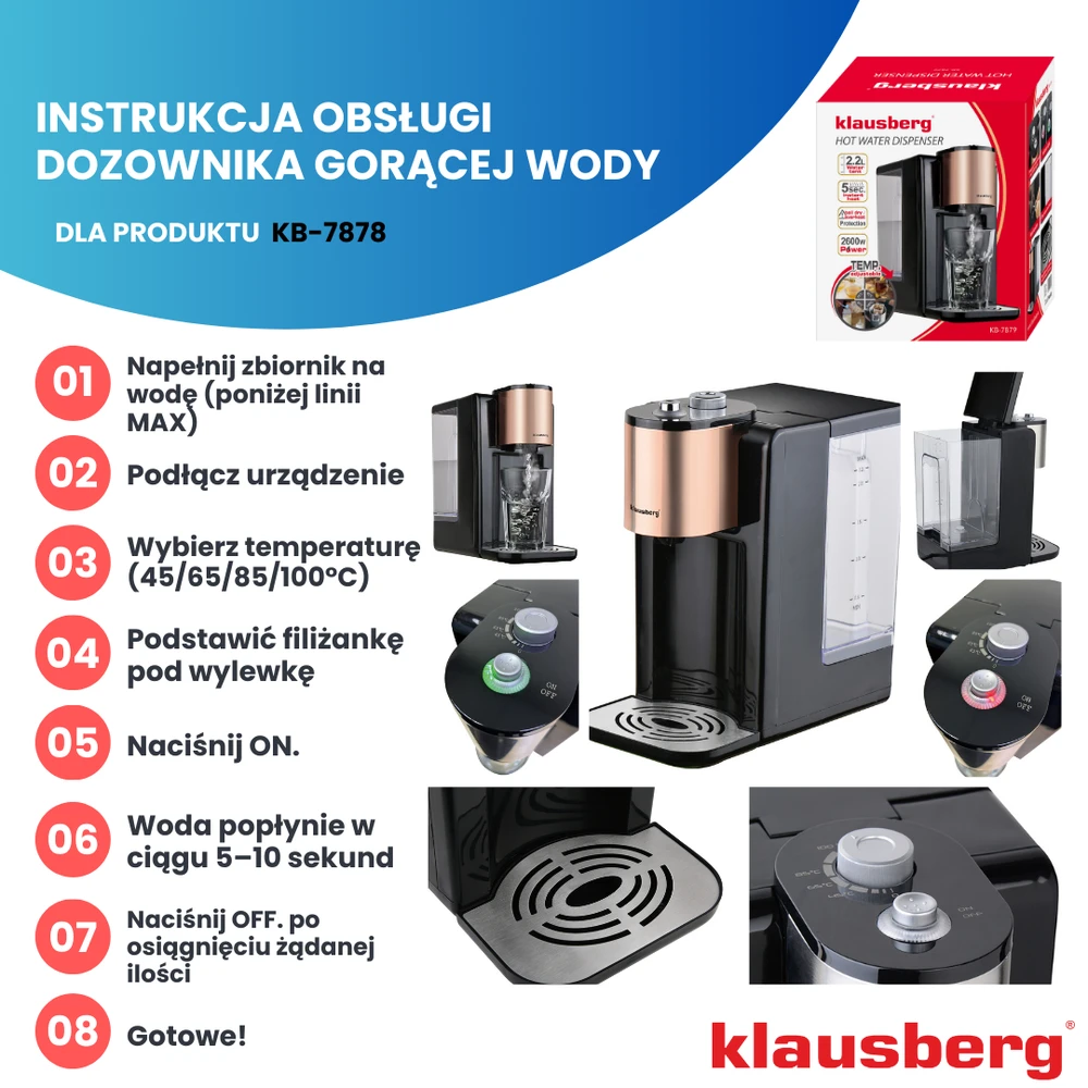 Dozownik Karšto vandens dozatorius, temperatūros reguliavimas 45–100 °C, juodas su rožinio aukso spalvos, 2,2 l, Klausberg, kb-7879