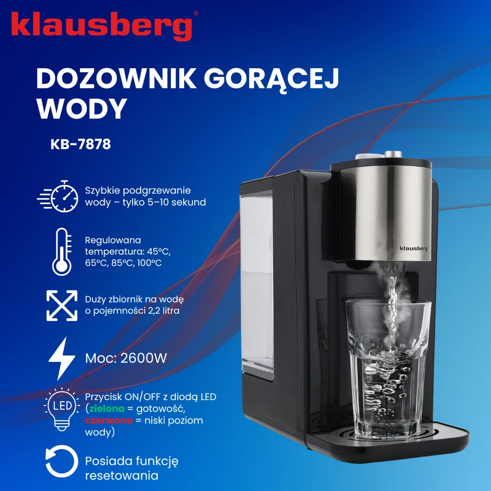 Dozownik Karšto vandens dozatorius, temperatūros reguliavimas 45–100 °C, juodos ir sidabrinės spalvos, 2,2 l, Klausberg, kb-7878