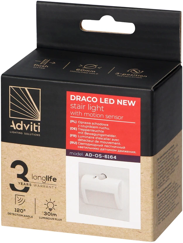 Orno DRACO LED NEW 1.5W, įleidžiamas laiptų šviestuvas, 12VDC, 30lm, 3000K, baltas, judesio ir prieblandos jutiklis