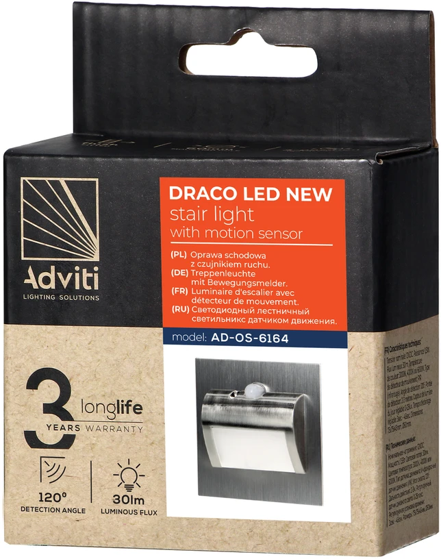 Orno DRACO LED NEW 1.5W, įleidžiamas laiptų šviestuvas, 12VDC, 30lm, 3000K, satinas, judesio ir prieblandos jutiklis
