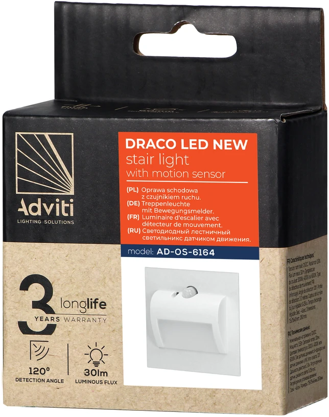 Orno DRACO LED NEW 1.5W, įleidžiamas laiptų šviestuvas, 12VDC, 30lm, 6000K, baltas, judesio ir prieblandos jutiklis