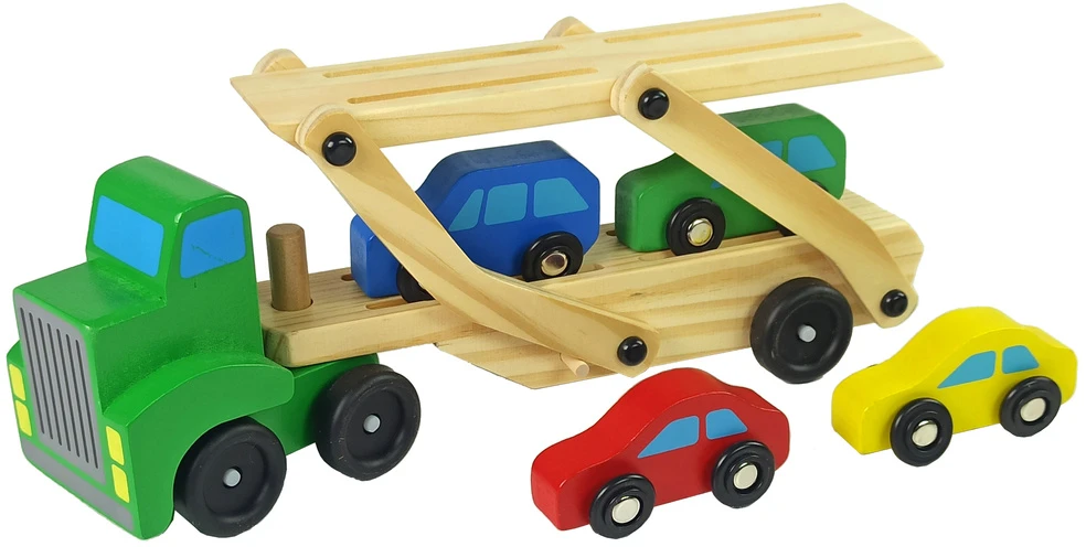 Lean Toys Medinis žalias vilkikas su žaisliniais automobiliais