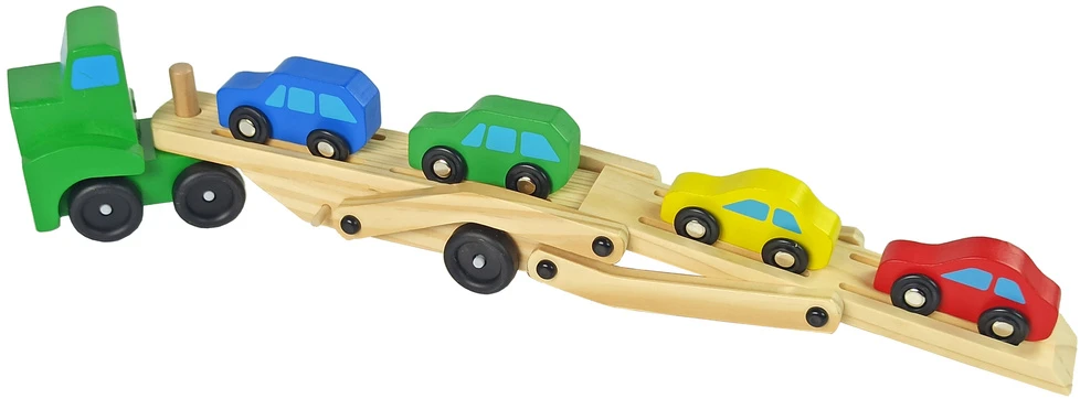 Lean Toys Medinis žalias vilkikas su žaisliniais automobiliais