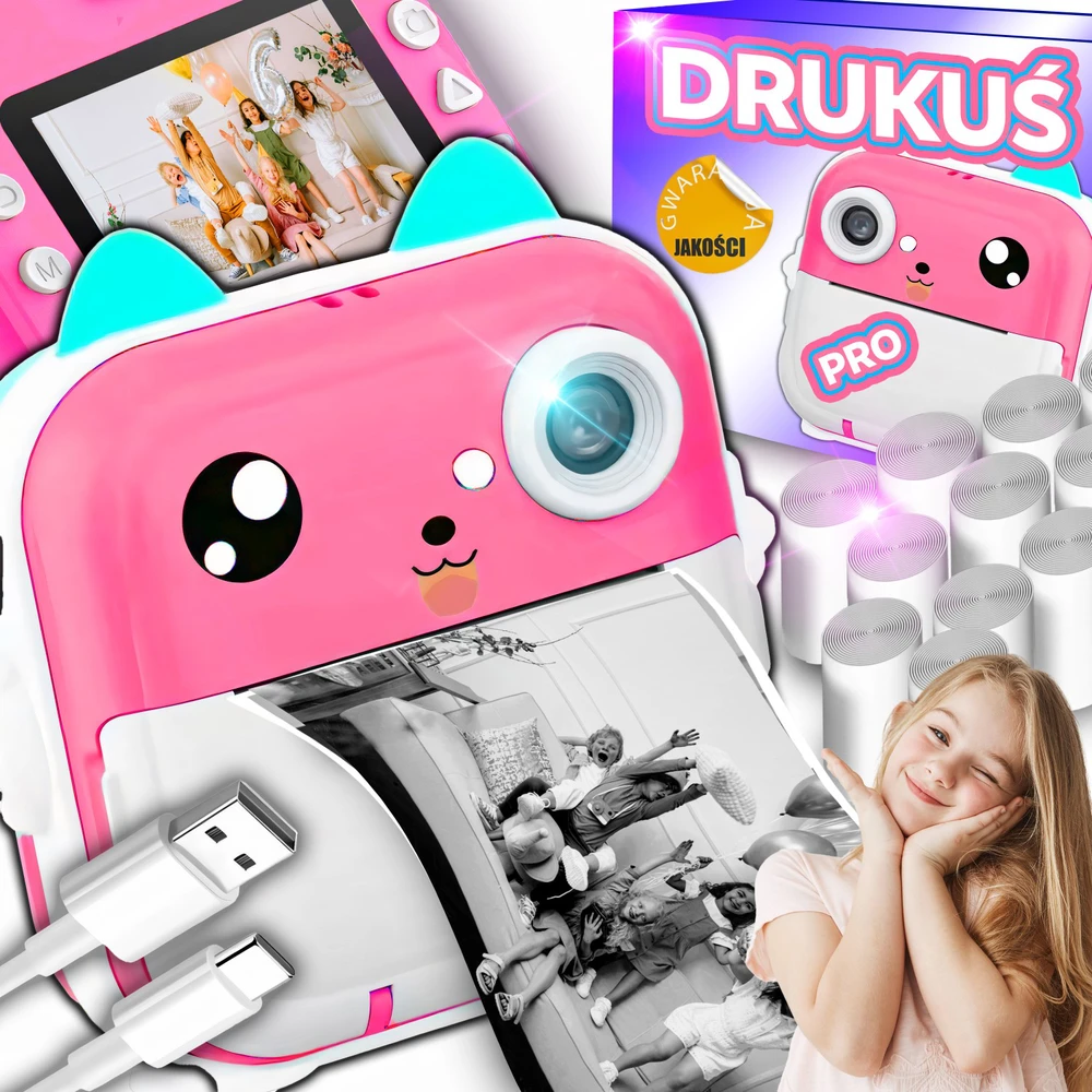 Drukarka spausdintuvas Mini katės terminis spausdintuvas, 11 ritinėlių nuotraukoms ir užrašams, nešiojamas vaikams