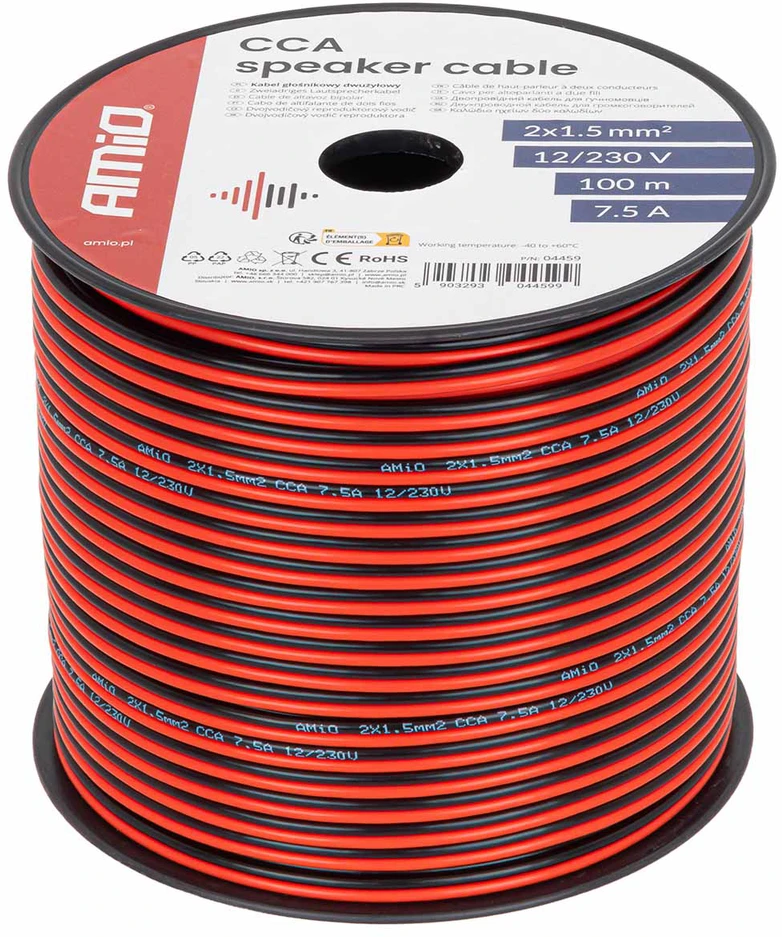 Dvejų gyslų CCA kabelis, 2x1.5mm² 100m 7.5A AMIO-04459