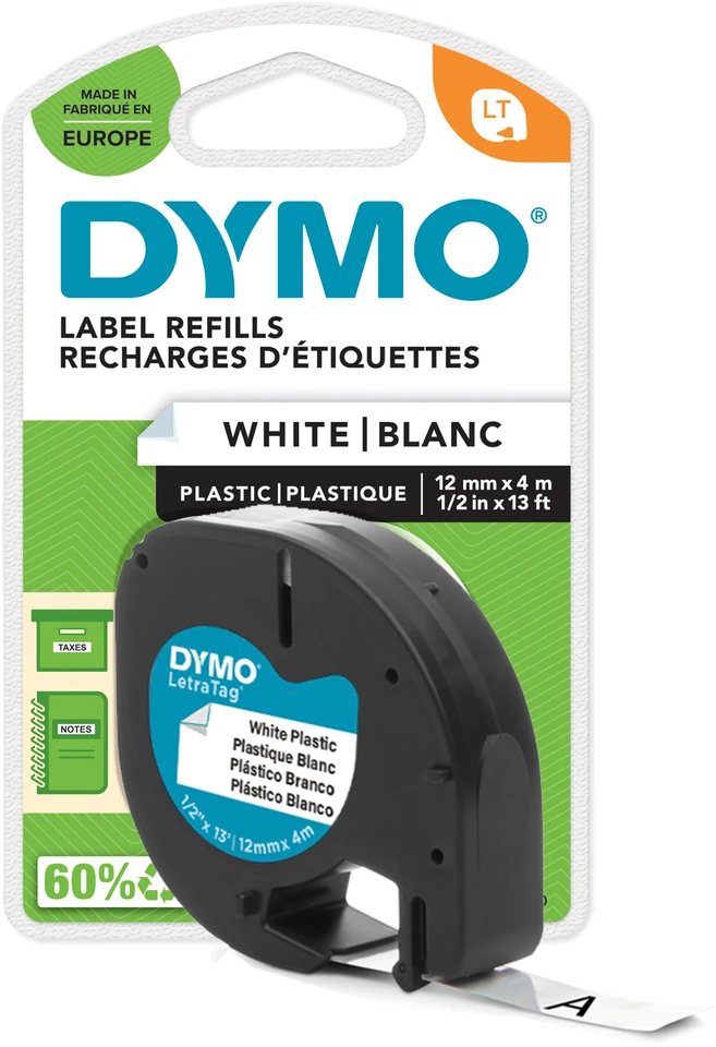 DYMO - LetraTag juosta 12 mm x 4 m (juoda ant balto fono) (S0721660)