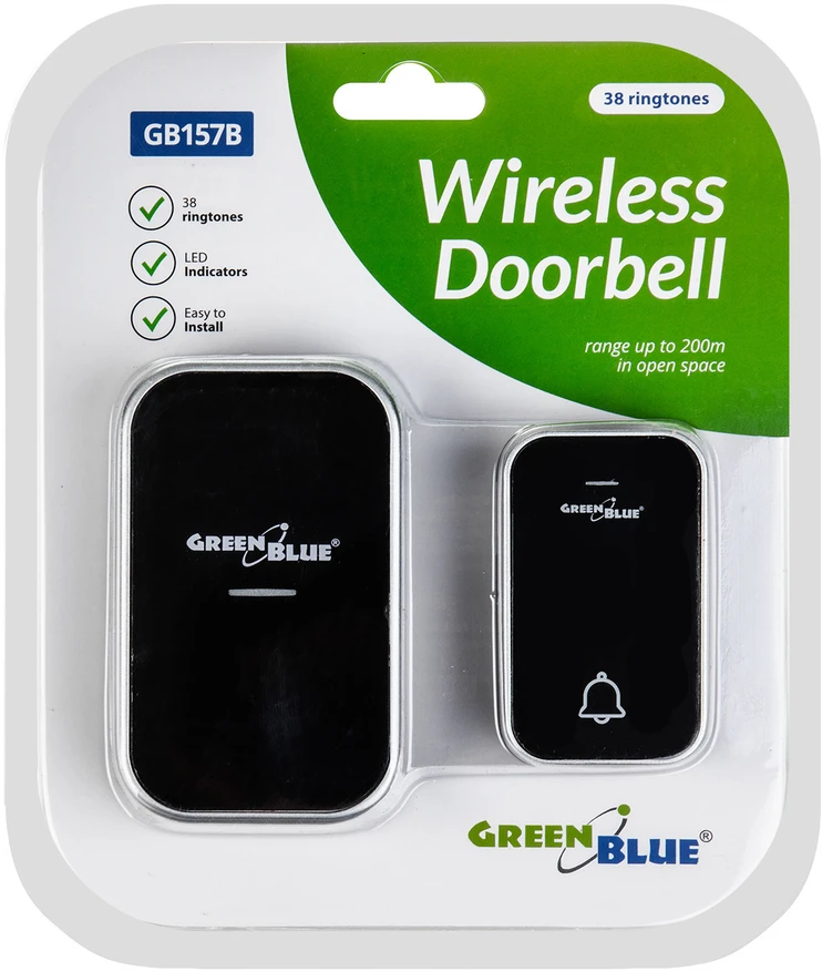 GreenBlue GB157 B Kinetic Baterija Be Wireless Dorr Bell, Melodies, Juodas, Diapazonas iki 200m, IP44