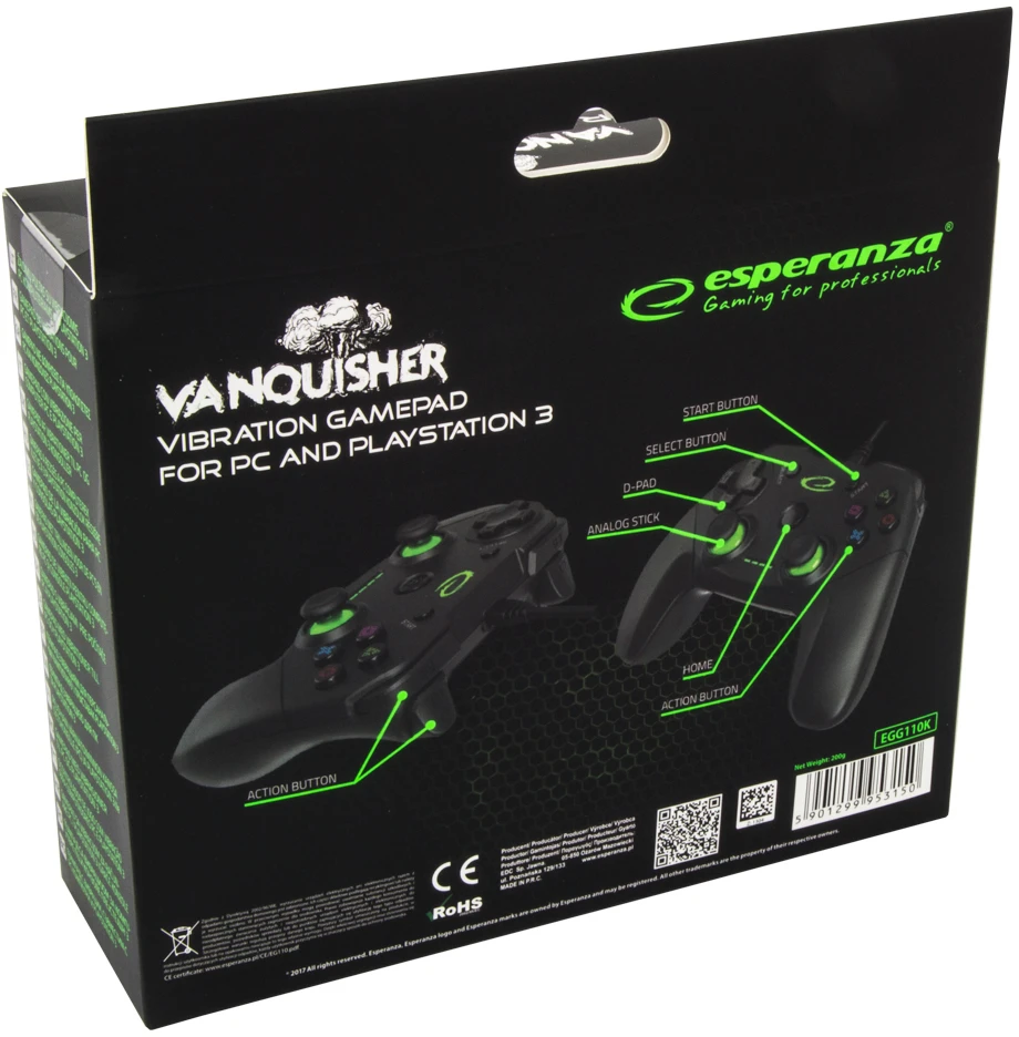 Gamepad Esperanza Vanquisher EGG110K (PC, PS3, juodos spalvos, žalias color)