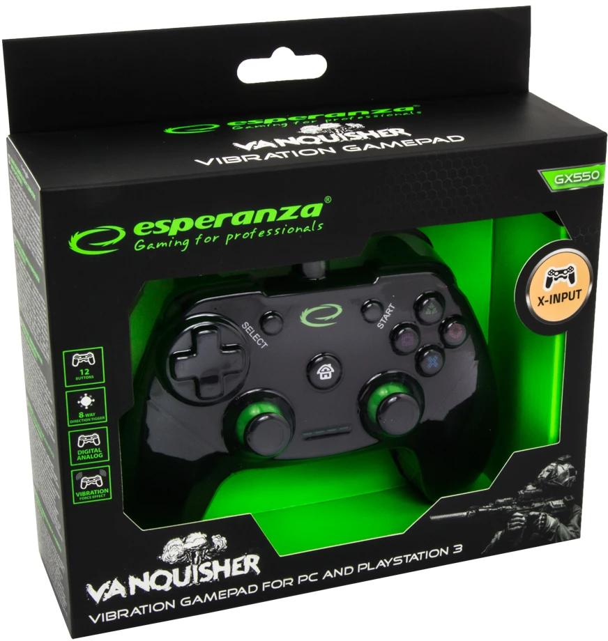 Gamepad Esperanza Vanquisher EGG110K (PC, PS3, juodos spalvos, žalias color)