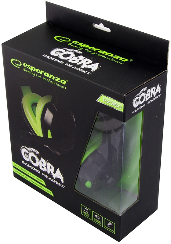 Žaidimų ausinės Esperanza Cobra EGH350G, 2x 3.5mm, Juoda-žalia