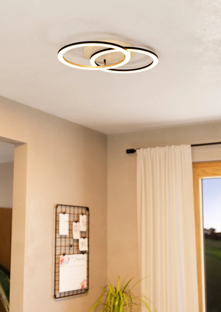 „Eglo“ – „Lomaltas-Z“ išmanusis lubinis šviestuvas – juodas ir ąžuolinis – 35 x 58 cm – reguliuojamo baltumo – „Zigbee“ ir „Bluetooth“