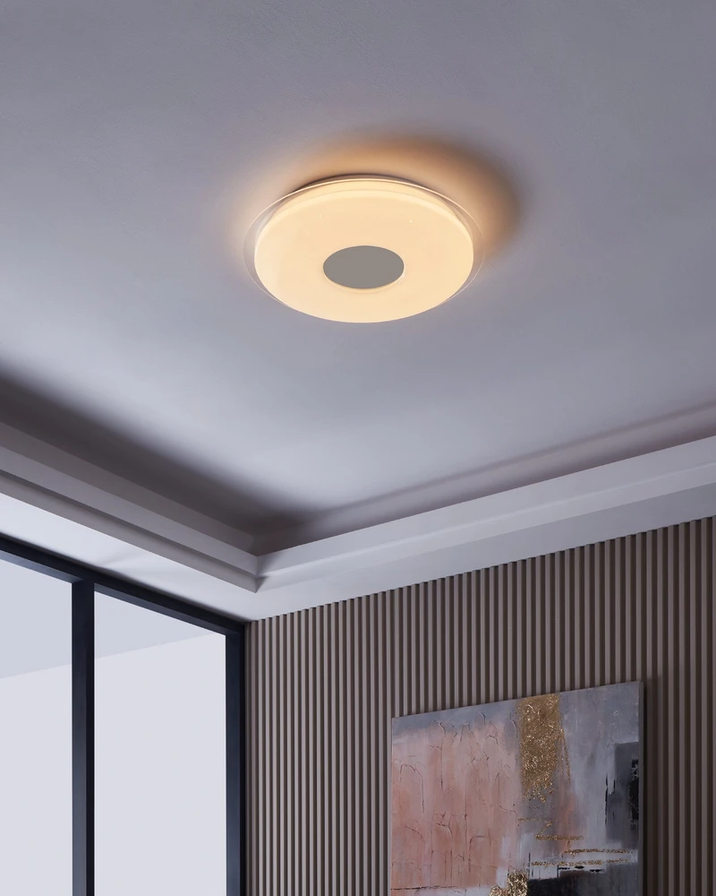 „Eglo Totari-Z“ išmanusis lubinis šviestuvas Ø56 – chromo ir baltos spalvos su krištolo efektu – „Zigbee“ ir „Bluetooth“