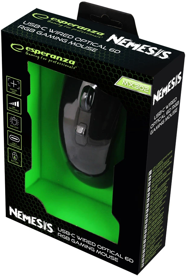 EGM302 Esperanza su laidu žaidimų pelė RGB LED 6D optinė USB-C Nemesis