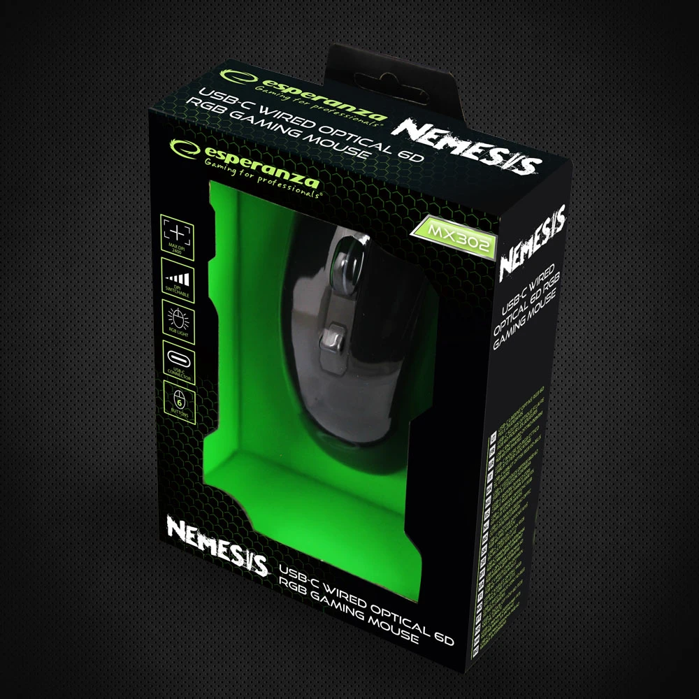 EGM302 Esperanza su laidu žaidimų pelė RGB LED 6D optinė USB-C Nemesis
