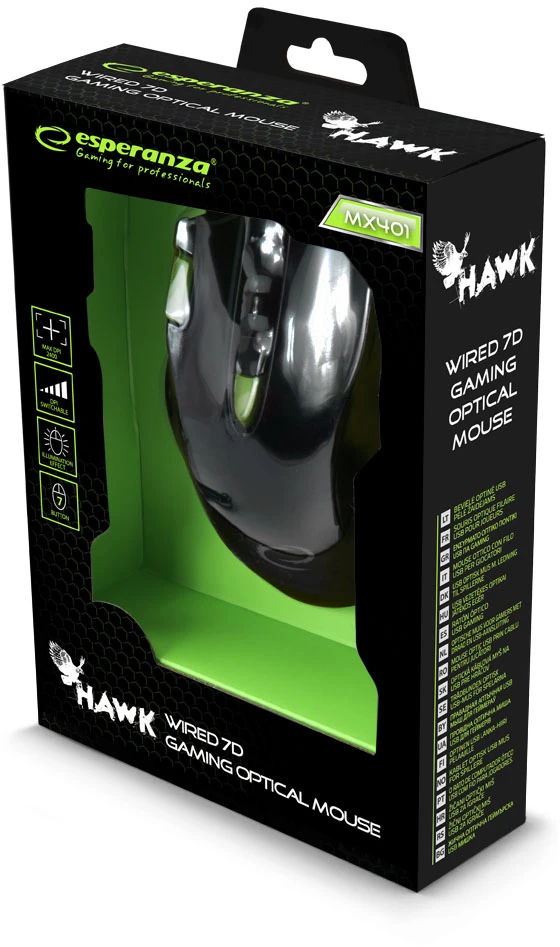 ESPERANZA EGM401KG - 5901299925423 ESPERANZA EGM401KG MX401 HAWK - su laidu 7D GAMING Optinė pelė USB - Juodas-Žalias