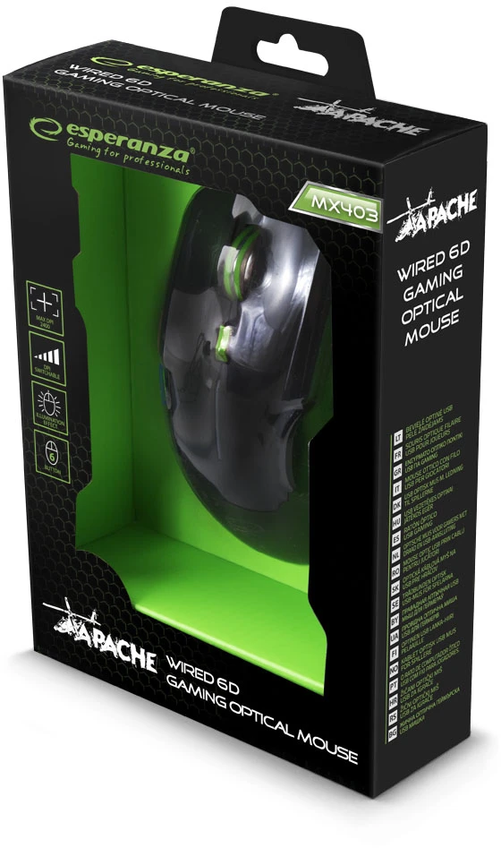 ESPERANZA EGM403G - 5901299925478 ESPERANZA EGM403G MX403 APACHE - su laidu 6D GAMING Optinė pelė USB - Žalias