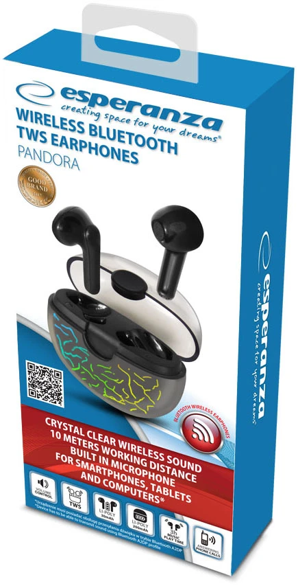 Esperanza Pandora Belaidės In-Ear Ausinės TWS (Bluetooth, Stereo, Mikrofonas, Juoda)