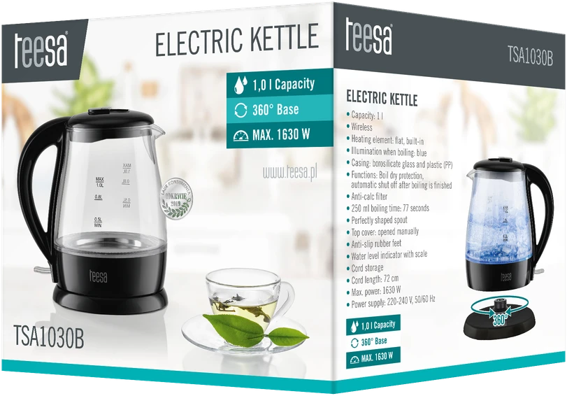 TEESA elektrinis virdulys, stiklas, 1650 W, juodas, 1 L