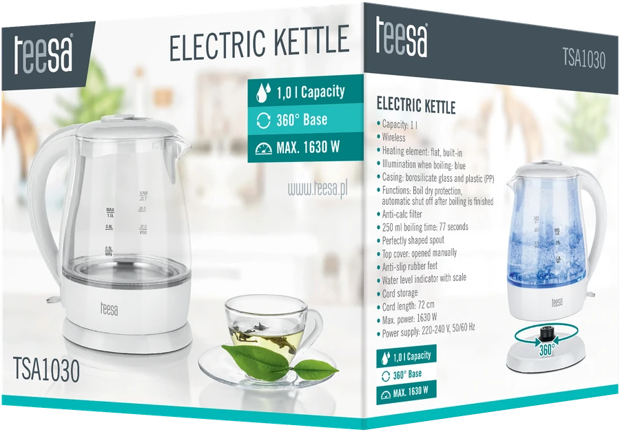 TEESA elektrinis virdulys, stiklinis, 1650 W, baltas, 1 L