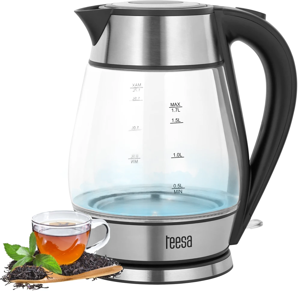 TEESA elektrinis virdulys, stiklas + inox, 2000 W, juodas, 1.7 l