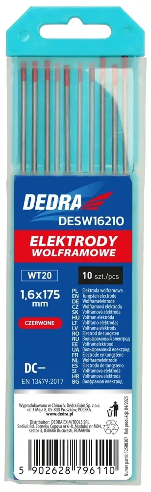 Dedra TIG volframo elektrodas, raudonas, 2,0x175 mm, 10 vnt. dėžutėje