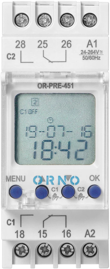 Orno Elektroninis Elektroninis astronomijos ir laiko programuotojas, 100 programų, 3 meniu kalbos, 2 reliniai išėjimai, maks. 16A/230V, 2 modulių pločio, DIN TH-35mm