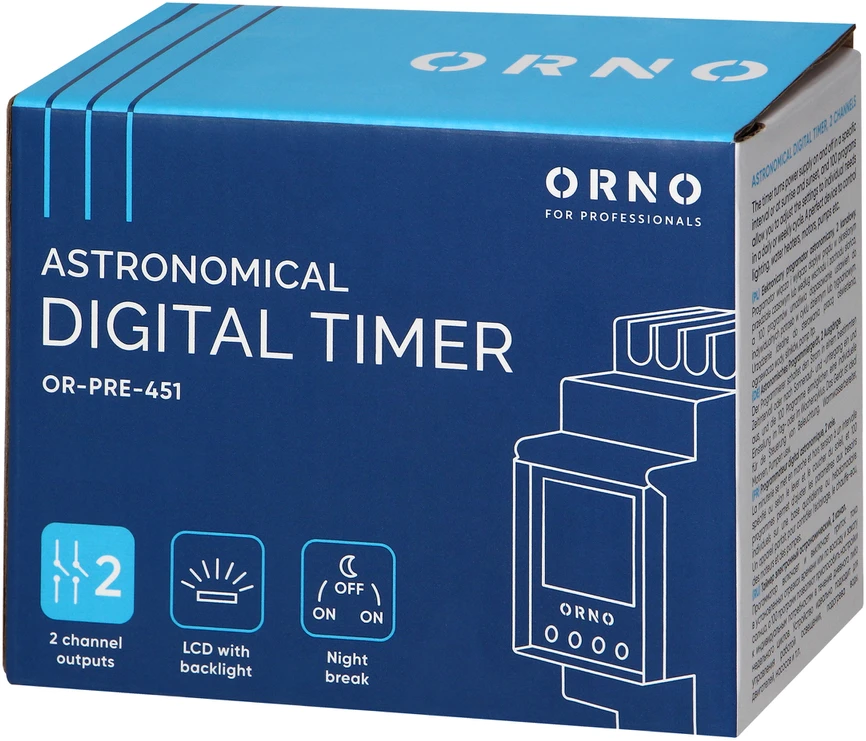 Orno Elektroninis Elektroninis astronomijos ir laiko programuotojas, 100 programų, 3 meniu kalbos, 2 reliniai išėjimai, maks. 16A/230V, 2 modulių pločio, DIN TH-35mm