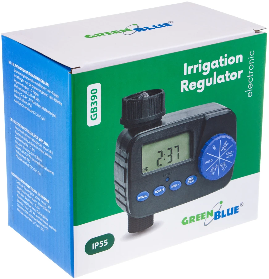 „GreenBlue“ elektroninis laistymo valdiklis, programatorius, 2x1,5V AA maitinimo šaltiniai, GB390