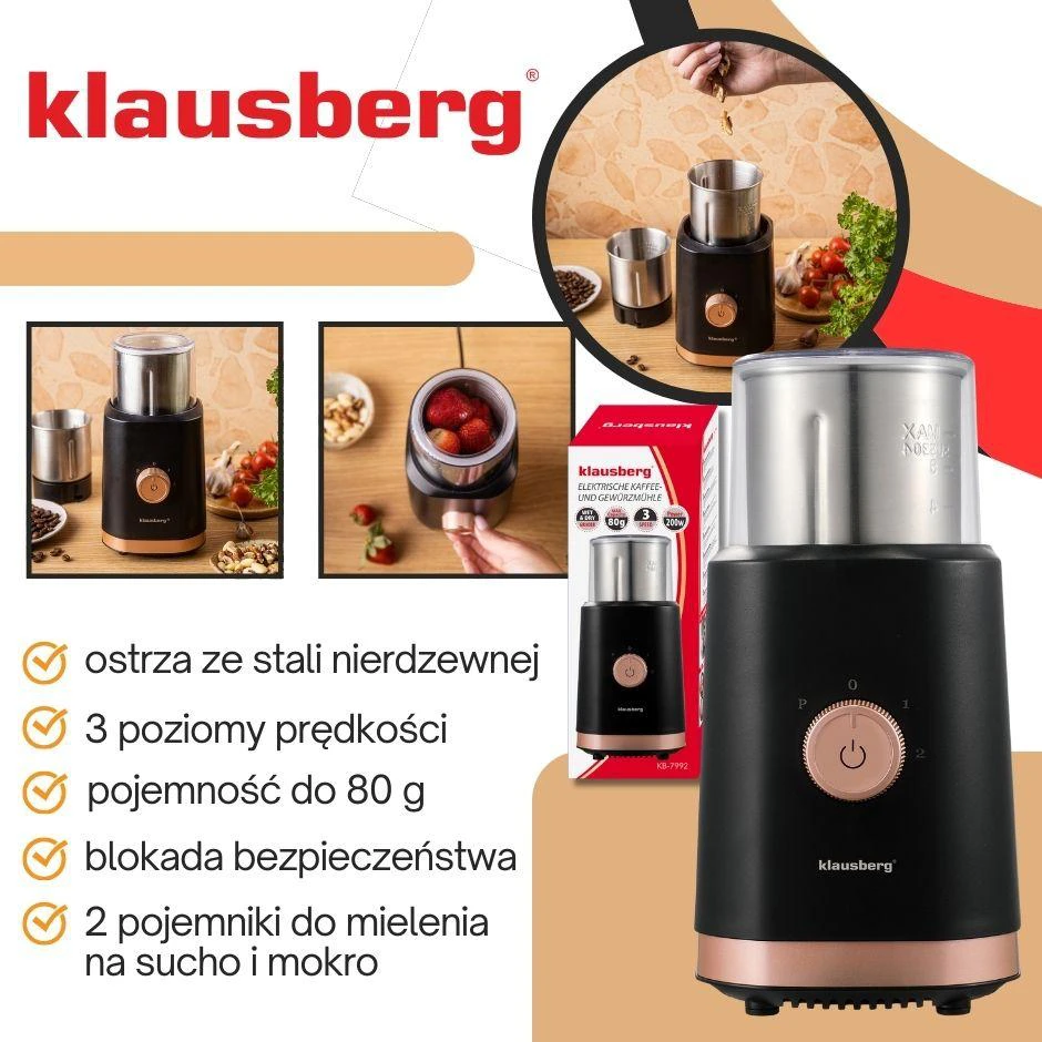 Kavamalė Elektrinė 2 viename elektrinis kavos ir prieskonių malūnėlis, juodas, Klausberg, KB-7992