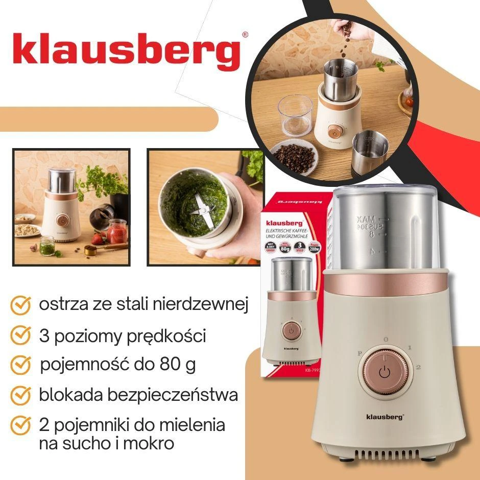 Kavamalė Elektrinė 2 viename elektrinis kavos ir prieskonių malūnėlis, smėlio spalvos, Klausberg, KB-7993