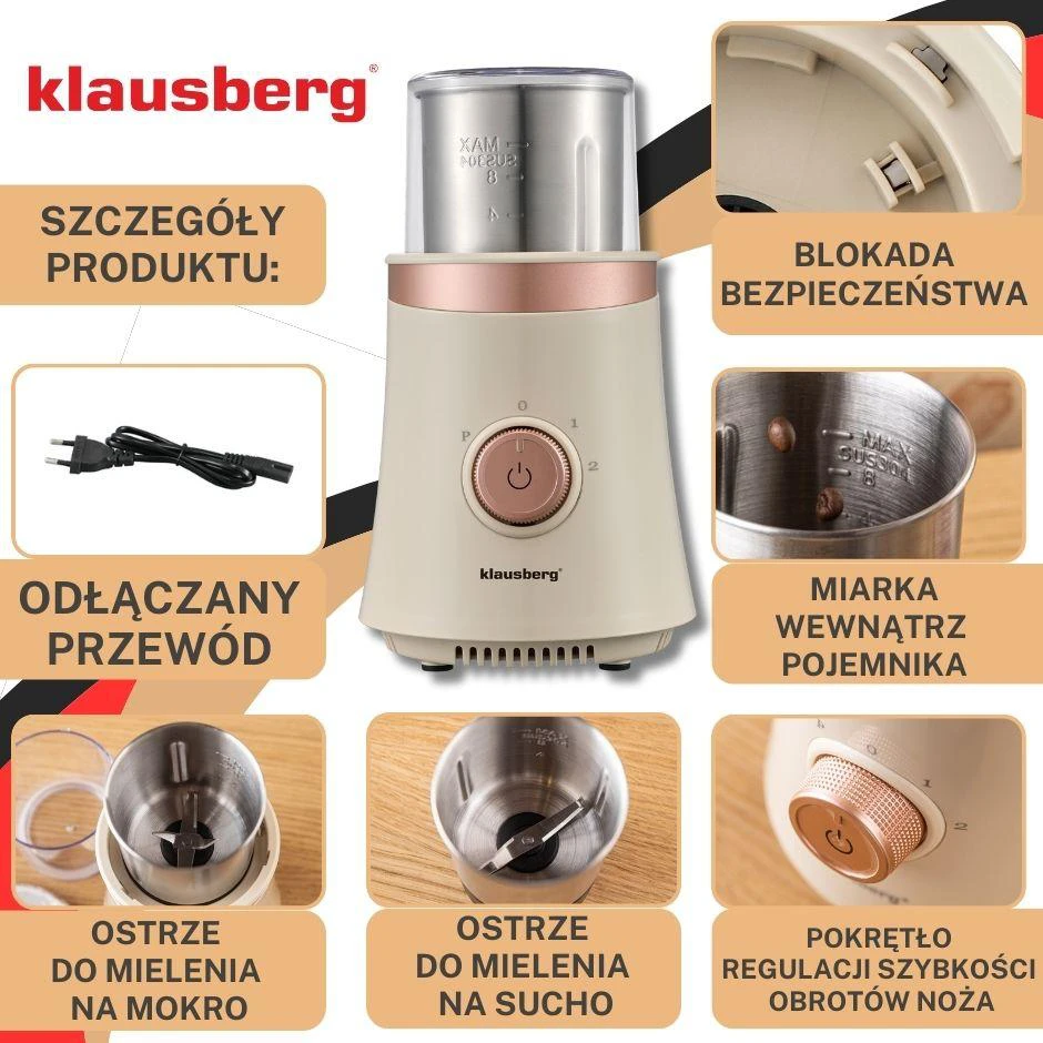 Kavamalė Elektrinė 2 viename elektrinis kavos ir prieskonių malūnėlis, smėlio spalvos, Klausberg, KB-7993