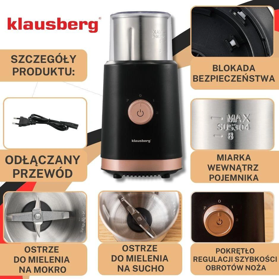 Kavamalė Elektrinė 2 viename elektrinis kavos ir prieskonių malūnėlis, juodas, Klausberg, KB-7992