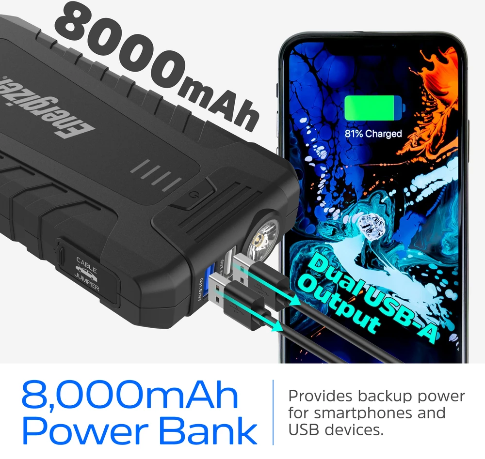 „Energizer“ – JE8000 – 8000 mAh 3 viename įkroviklis, išorinė baterija ir LED lemputė