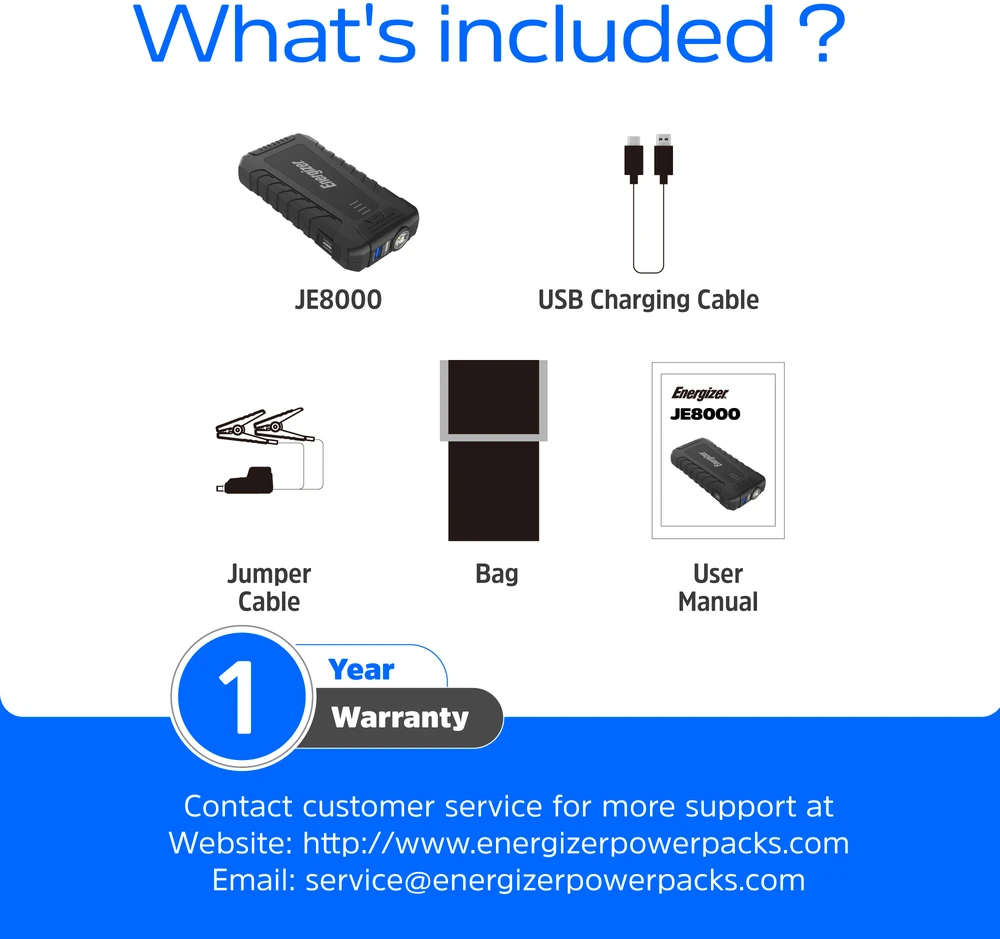 „Energizer“ – JE8000 – 8000 mAh 3 viename įkroviklis, išorinė baterija ir LED lemputė